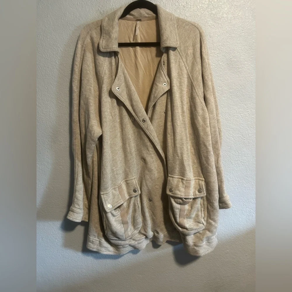 Free People Beige Utility Knit Double Snap Oversized Jacket Womens